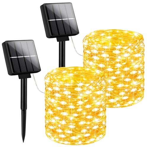 Brightever Solar String Lights Outdoor Waterproof, 2-Pack Total 80FT 200LED Solar Fairy Lights with 8 Lighting Modes, Solar Twinkle Lights for Patio Christmas Party Tree Yard Decoration (Warm White) - color: Warm White, size: 2Packs（40FT 100LED）