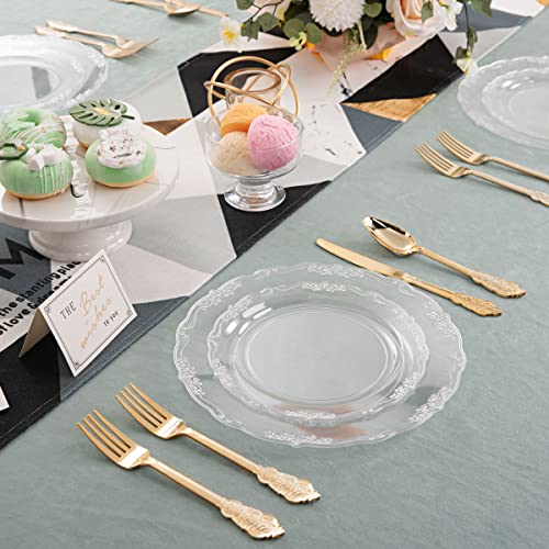 U-QE 100 Pieces Clear Plastic Plates - Clear Disposable Plates - Premium Hard Plastic Plates for Party, Holiday and Party Use Including 50 Dinner 10 '' & 50 Dessert Platos 7.5 '' - color: Clear