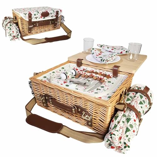 Wicker Picnic Basket Kit Set for 2 Adults with Blanket and Folding Wine Table,Multifunctional Picnic Set Insulated Portable Storage Capacity Full Tablewares,Camping,Outdoor,Wedding Gifts,Beach - color: Steaming Color2