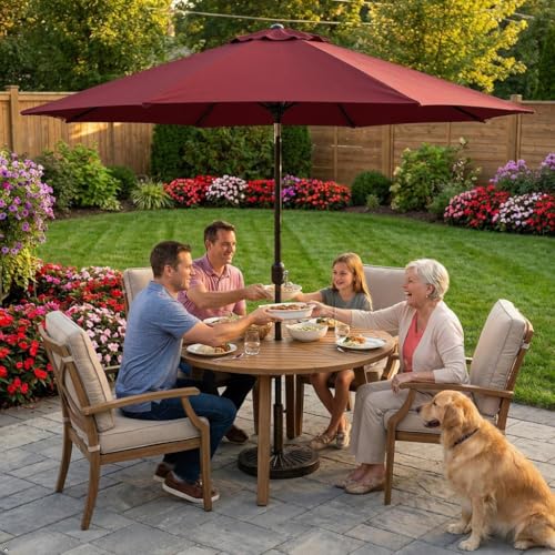 Yaheetech 9FT Patio Umbrella Outdoor with Heavy Duty Base Included,Table Umbrella with Push Button Tilt and Crank, UV Protection Waterproof for Yard/Outdoor/Wedding Parties and Events - Burgundy - color: Burgungy, size: 9FT