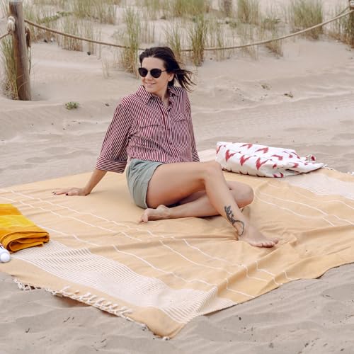 Extra Large Turkish Beach Towel Style – 100% Cotton, Sand-Free Comfort | Oversized Beach Towel – Sandproof Beach Blanket – Big Beach Mat - Outdoor Picnic Blanket (Mustard, 83x94 in) - color: Mustard