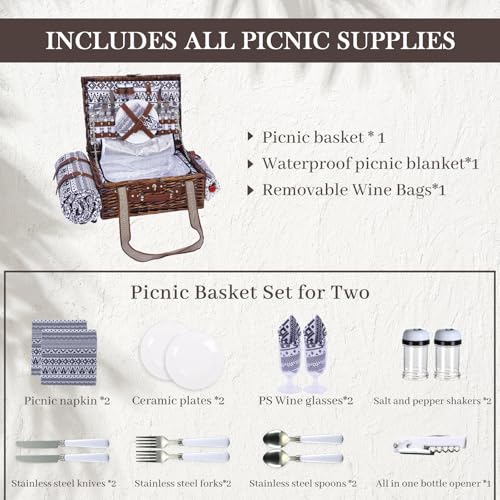 Neti Neti Wicker Picnic Basket for 2 Boho with Insulated Cooler & Waterproof Blanket – Large Willow Picnic Hamper for Outdoor, Camping, Beach, Romantic Dates, Valentine’s Day - color: Boho 4
