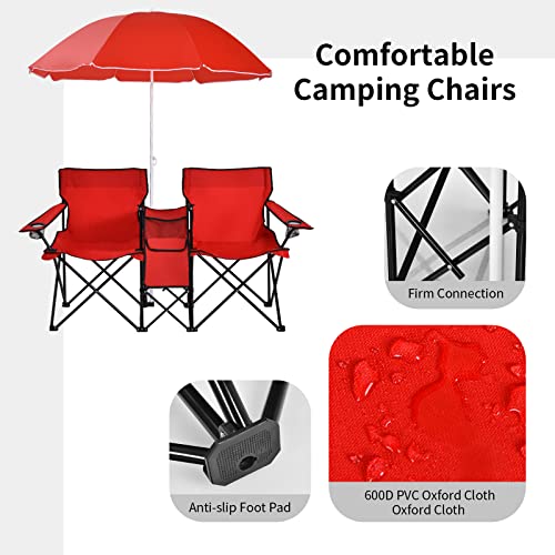 Goplus Double Camping Chair with Umbrella, Folding Loveseat Chairs w/Canopy Shade, Carrying Bag, Table, Cup Holder, Portable Beach Chairs Outdoor Picnic Patio (Red) - color: Red