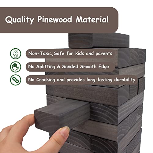 Juegoal 54 Pieces Giant Tumble Tower Blocks Game Giant Wood Stacking Game with 1 Dice Set, Gameboard, Canvas Bag for Adult, Kids, Family, Grey - color: Grey, size: Large