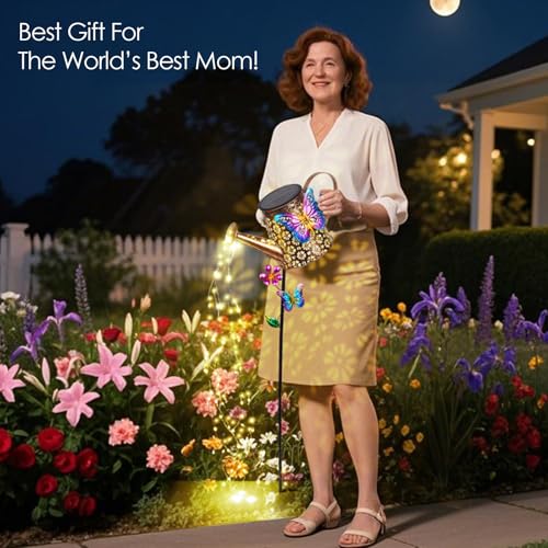 Solar Watering Can with Lights Outdoor Garden, 41" Tall Waterproof Garden Stake Lights Decoration for Yard Lawn Patio Pathway Front Porch Landscape Gardening Gifts for Mom Grandma Women Birthday Gift - color: Butterfly-Blue-Purple