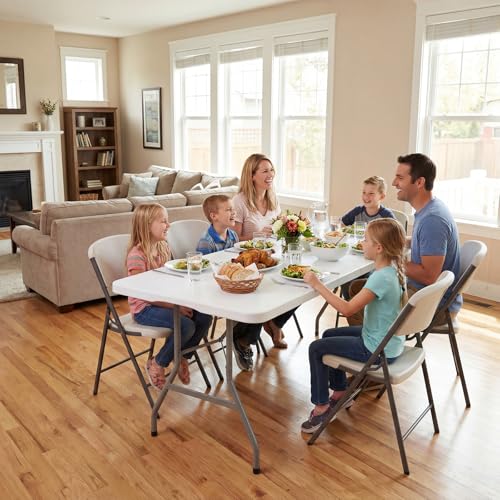Byliable Folding Table 6ft, Heavy Duty Portable Plastic Fold-in-Half Utility Table with Carrying Handle for Indoor Outdoor, Camping Picnic Party, White - color: White, size: 6FT