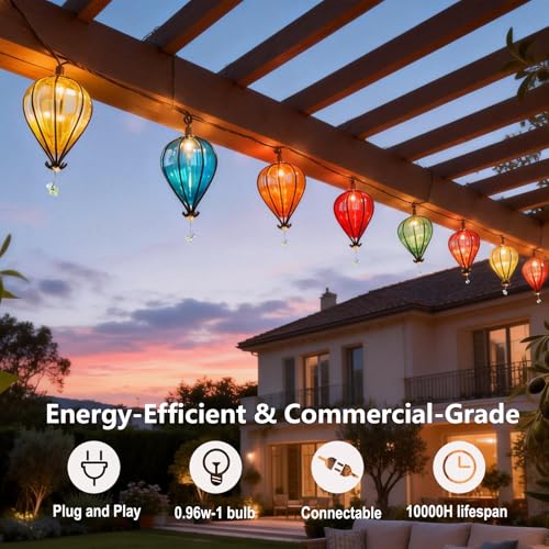 Outdoor String Lights Plug in with 10 Incandescent Bulbs, Multicolor Patio Lights Connectable Weatherproof Decorative Lantern String Lights for Gazebo Porch Bedroom Cottagecore Decor (Hot Air Balloon) - color: Multicolor Hot Air Balloon