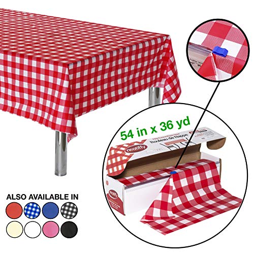 Neatiffy Disposable Plastic Table Cloth Roll | 54 in x 108 Ft Waterproof Tablecloth | Table Cover for Rectangle, Square, Round Oval Tables | Picnic, Party, Banquet, Birthdays, Weddings, Red Checkered - color: Red Gingham