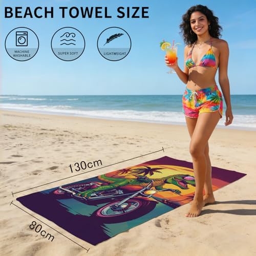 Dinosaur Beach Towel, Funny Green Dinosaur Riding A Motorcycle Towel for Boys Kids Adults, Microfiber Dino Motocross Palm Tree Sunset Swim/Pool/Travel Towels, Quick Dry Oversized 32x52 - color: Dinosaur