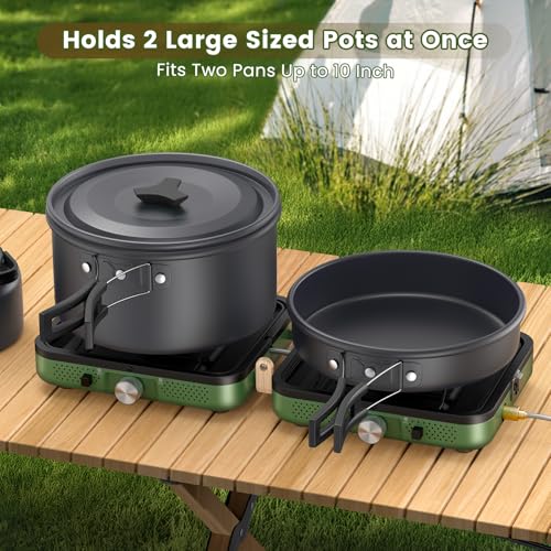 OGERY 2-Burner Foldable Camping Stove with Griddle (Textured & Smooth) and Carrying Bag, Portable Propane Camp Stove with 2 Adjustable Burners & Piezo Ignition, for Camping Tailgating Essentials Gear - color: Green