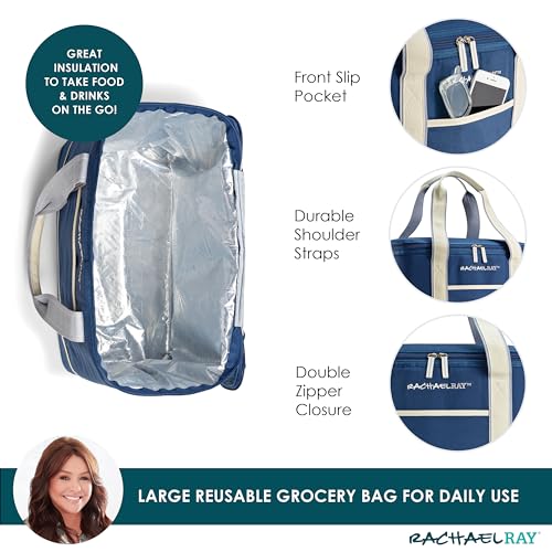 Rachael Ray Soft Reusable Insulated Canvas Grocery Tote Bag, Navy - color: Navy