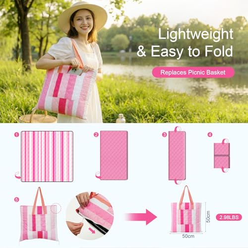 2 in 1 Tote Picnic Blanket Waterproof Outdoor Camping Mat,Large Capacity Beach Blanket 80''x80'' 7 Layers Easy to Foldable and Carry. - color: Pink