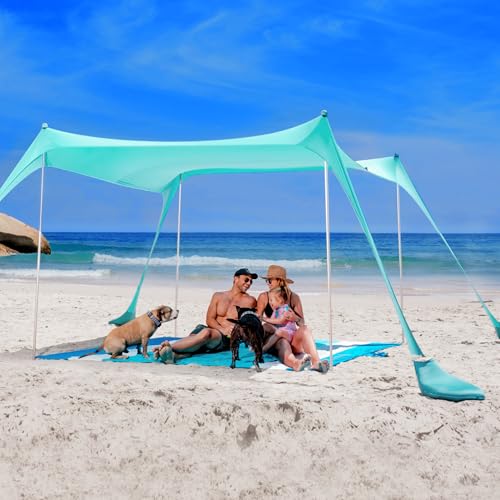 SUN NINJA Beach Tent Sun Shelter UPF50+ - Easy Pop Up Beach Canopy - Outdoor Shade for Camping Trips, Fishing, Backyard Fun Picnics - Sand Shovel, Ground Pegs & Stability Poles - color: Green, size: 10x10 FT 4 Pole