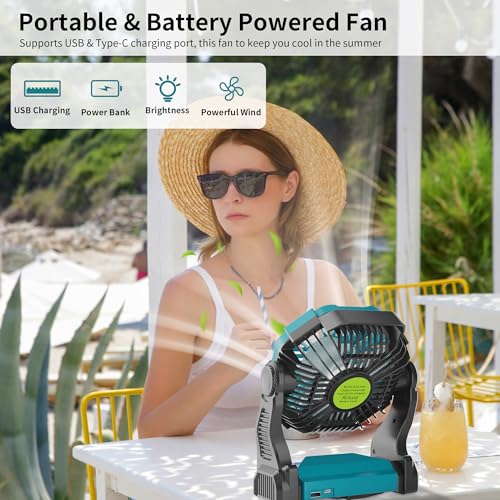 Battery Powered Fan，270° Rotating Battery Operated Camping Fan Rechargeable, USB Desk Personal Table Cordless with Hook, Outdoor Camping for Tents,Travel X23 Cyan - color: Cyan