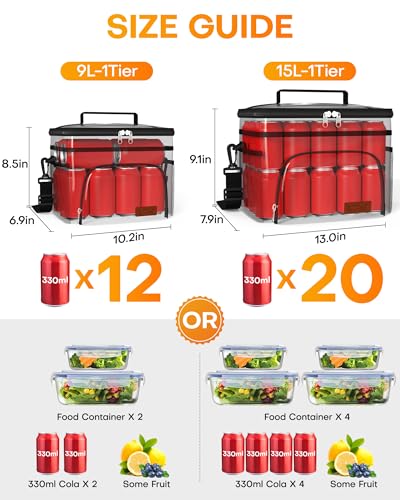 HOTOR Insulated Lunch Box for Men & Women - Leak-Proof Cooler Lunch Bag with 4 Pockets, Adjustable Strap, Ideal for Work, Picnic, Travel - Medium, Red, 10.2"×6.9"×8.5" - color: Red, size: 9l - 1 Tier