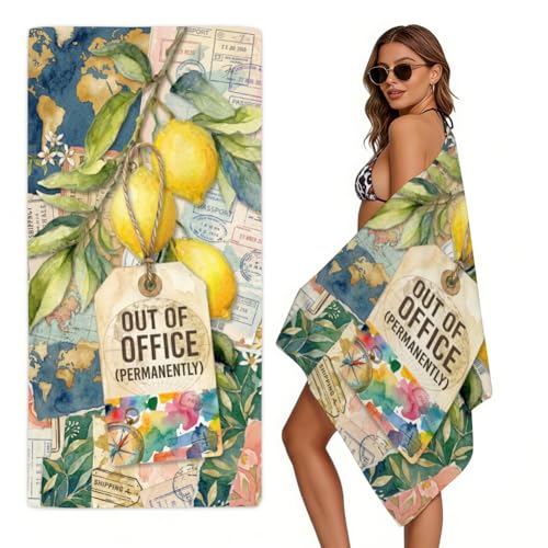 Microfiber Beach Towel Sand Free Quick Dry, 27.5" x 55" Compact Travel Towel, Vintage Collage Lemon Art with Out of Office Quote, Lightweight Absorbent Pool Towel for Travel - size: 27.5 x 55 inches