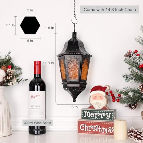 Ramadan Lantern Decorative Indoor & Outdoor, 13.6’’ Vintage Decorative Hanging Lanterns with Chian for Home Porch Patio Decor, Metal Christmas Moroccan Candle Holder Decorations (Amber) - color: Amber