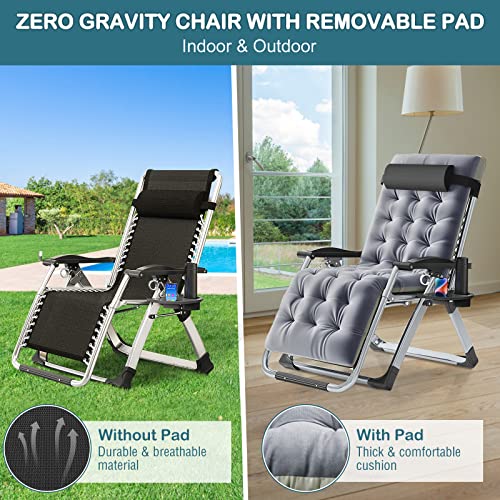 NAIZEA Padded Zero Gravity Chair, Folding Outdoor Lounge Chairs, Adjustable Reclining Camping Chairs with Cup Holder, Ergonomic Patio Lawn Chair for Balcony Beach Deck Yard - color: Grey, style: Zero Gravity Chair 2 Pack