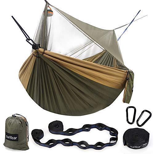 Sunyear Hammock Camping with Rain Fly Tarp and Net, Portable Camping Hammock Double Tree Hammock Outdoor Indoor Backpacking Travel & Survival, 2 Tree Straps,100% Waterproof - color: Green/Khahi（no Rain Fly）, size: 78"W*118"L