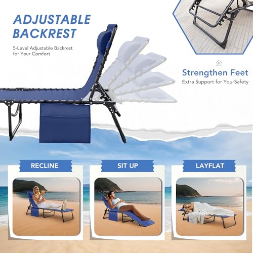 Flamaker Foldable Chaise Lounge Chair 5-Position Adjustable, Tanning Chair with Side Pocket, Outdoor Sunbathing for Pool, Beach, Patio, Lawn, Indoor Recliner Chair for Napping(Blue, 1 Pcs) - color: Blue, style: Normal, 1 Pcs