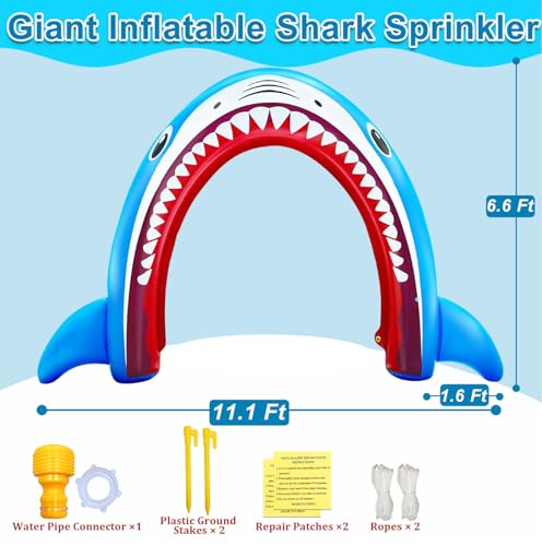 11Ft Long Inflatable Shark Sprinkler for Adults, Giant Outdoor Water Toys Blow up Shark Arch Sprinkler for Adults Fun Summer Gifts Backyard Garden Lawn Water Party Games Outside Activities