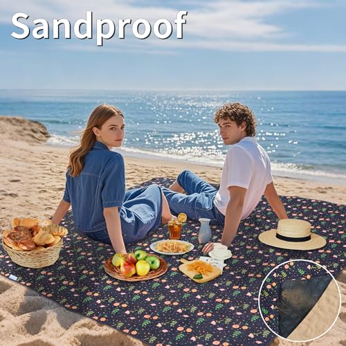 Outdoor Picnic Blanket Blue Floral 80"x80" Large Sandproof Beach Blanket Waterproof Picnic Blankets Foldable for Caming, Beach, Outdoor Activities. - color: Blue Floral, size: 80"x80"