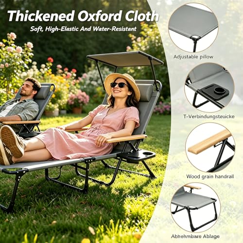 Foldable Chaise Lounge Chair Outdoor, Tanning Chair with 4-Position Reclining Back, Folding Sun Lounger, Outdoor Lounge Chair for Beach, Poolside, Backyard, Camping, UPF 50 - color: Grey3