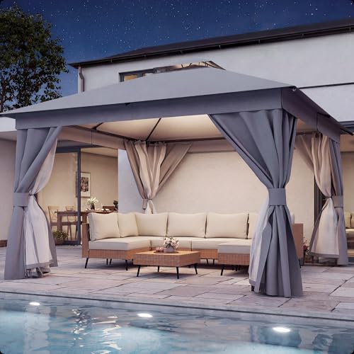 LAUSAINT HOME 12'x12' Outdoor Patio Gazebo, Heavy Duty Party Tent & Shelter with Double Roofs, Mosquito Nettings and Privacy Screens for Backyard, Garden, Deck (Grey) - color: Gray, size: 12'x12'