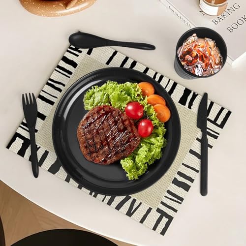 36 Pcs Wheat Straw Dinnerware Set,Dinnerware Sets for 6,Large Round Plates, Bowls and Cups, Unbreakable dish set, Dishwasher and Microwave Safe, Outdoor Camping Dishes (Black) - color: Black
