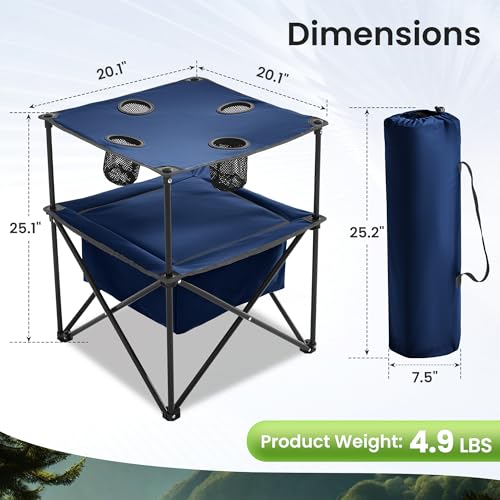 Portable Outdoor Folding Camping Table with 4 Cup Holders & Cooler Compartment, Waterproof Picnic Table for Picnic, BBQ, Beach, Hiking (Navy Blue) - color: Navy Blue