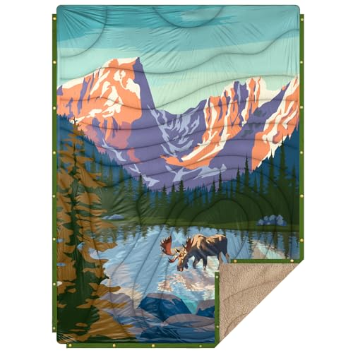 Outdoor Camping Blanket with Sherpa Lining, Extra Warm Thick Camp Blankets and Puffy Ultralight Soft Poncho DWR Camping Quilt for Cold Weather, Adventure, Sleeping, Backpacking 78"x 56" - color: Purple Deer Language, size: 78 x 56 inches