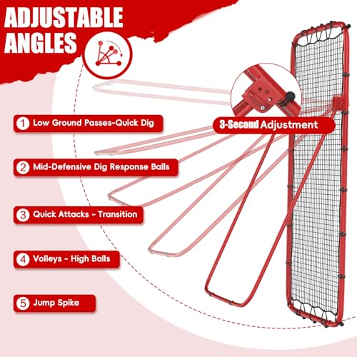 Volleyball Rebounder Net 7x4 Ft, 5-Angle Adjustable Rebounder Net for Practicing Digging, Setting, Spiking, Bounce Back Training Equipment with 2 Target Stripes & Portable Travel Bag for Storage - color: ABlackRED