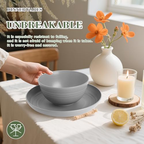 Wrova Wheat Straw Dinnerware Sets of 20,Dishwasher Safe Kitchen Plates and Bowls Sets,Camping Dishes Sets Contains Dinner Plates,Cereal Bowls,Drinking Cups and Flatware.(Grey) - color: Gray, size: 20 Pack