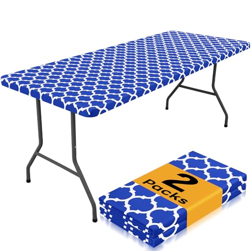 Smiry 2 Pack Rectangle Table Cloth 4 Foot, Waterproof Elastic Fitted Tablecloths, Windproof Washable Polyester Table Cover for Picnic, Camping, Outdoor (Blue, 30"x48") - color: Blue, size: 30"x48"