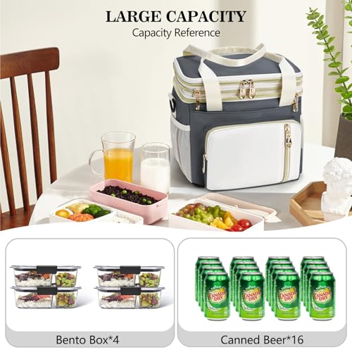 Lunch Box & Lunch Bag for Women Men, Large Insulated Adult Lunch Box Leakproof Lunchbox Cooler Bag for Work Picnic Beach,16L, Grey & White - color: Gray & White