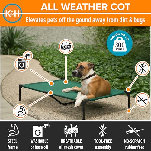 K&H Outdoor Elevated Dog Bed - Cooling Raised Dog Bed for Large & Extra-Large Pets, Breathable Mesh Hammock Design, Indoor/Outdoor Washable Cover, Portable Metal Frame, Green, XL 50x32in - color: Green Mesh, size: X-Large 50"L x 32"W