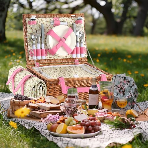 Picnic Basket Set for 4 with Waterproof Blanket Mat Insulation Bag Wicker Pink Floral Classic Fresh Gift for Christmas Thanksgiving Wedding Birthday Camp Outdoor Beach Travel - color: Pink Floral
