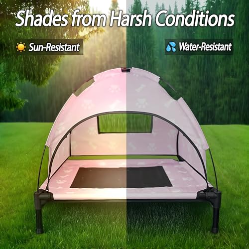 Elevated Covered Dog Bed - 36" x 36" x 30" - Dog Shade Canopy Lounger for Small & Large Dogs (Up to 110 lbs) - Portable & Durable - Cooling, UV & Water Resistant with Mesh Windows - Pastel Pink - color: Pastel Pink