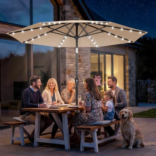 AreShark 9FT Patio Umbrella with Solar Lights, 32 Lighted Pool Umbrella w/Tilt and Crank, Outdoor Market Solar Umbrellas for Garden, Deck, Backyard, Pool and Beach, Beige - color: Beige, size: 9 Ft