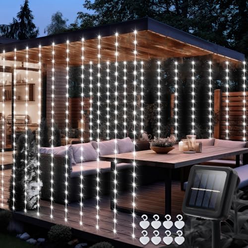 echosari Christmas Curtain Lights Solar Powered 7.9ft x 6ft 144 LED Outdoor Curtain Lights Waterproof with Timer 8 Modes for Christmas Garden Patio Fence Wedding Wall Window Gazebo Decor Cool White - color: Cool White, size: 7.9Ft x 6Ft