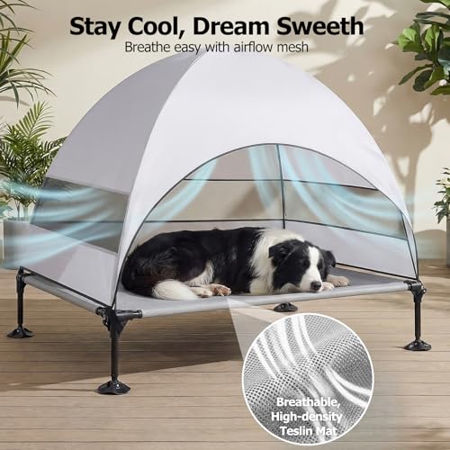 Elevated Dog Bed with Upgraded Canopy, Raised Outdoor Dog Tent with Powerful Anti-Slip Feet, Portable Pet Cot with Larger Shade, Raised Cooling Bed for Camping, Backyard, Beach, Poolside - color: Gray, size: Large: 42.0"L x 30.0"W x 33.0"Th