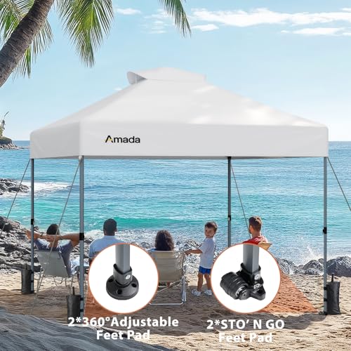 Amada 10x10 Pop Up Canopy Tent, 1-Button Push Easy-up Outdoor Canopy Beach Tent with 3-Height Adjustable Waterproof Shade Shelter, Wheeled STO-N-Go Bag 8 Stakes, 4 SandBags (10x10ft, White) - color: White, size: 10x10ft
