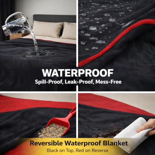Queen Size Waterproof Blanket – Stain-Proof, Spill-Proof Flannel Blanket for Bed, Couch, Kids & Pets Protection, Reversible Splash-Proof Design (Passion Red & Midnight Black, 80x90) - color: Velvet Red/Obsidian Black, size: Queen
