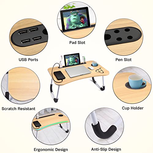 Slendor Lap Desk with Cup Holder, Foldable Laptop Table for Bed, Portable Bed Desk for Laptop and Writing, Computer Tray with Tablet Slot, Notebook Stand Reading Holder for Couch Sofa Floor,Walnut - color: Brown
