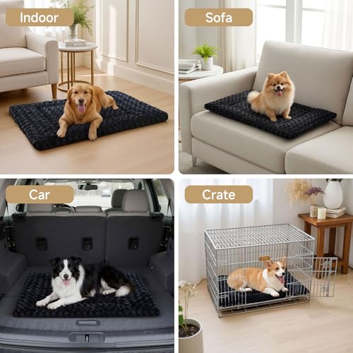 Washable Dog Bed Mat Soft Dog Crate Pad Fluffy Pet Kennel Beds Sleeping Mattress with Non-Slip Bottom for Large Jumbo Medium Small Dogs, 29 x 18 Inch, Black - color: Black, size: 29.00" x 18.00" x 1.50"