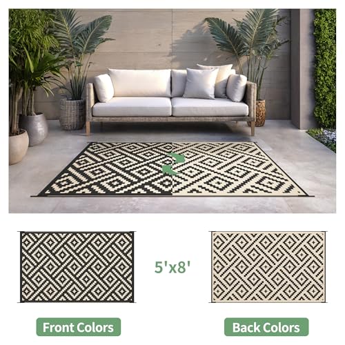 sarben Outdoor Rug for Patio - Waterproof Plastic Straw Camping Rugs 5x8 ft, Reversible Outdoor Indoor RV Mat Carpet for Patio, Porch, Deck, Balcony, Picnic, Beach, Black Beige - color: Black&beige, size: 5' x 8' (Rectangular)