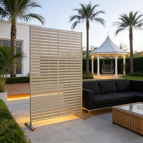 Kozyard Metal Privacy Screen 74" H x 47.2" W Decorative Outdoor Divider with Stand Panels Freestanding Screen Set for Deck Patio Balcony Garden Outdoor&Indoor (Beige/Horizontal Slat) - color: Beige/Horizontal Slat