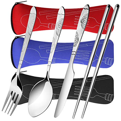 Arroyner 3 Pack Reusable Flatware Sets Knife, Fork, Spoon, Chopsticks, 12Pcs Portable Travel Stainless Steel Tableware Dinnerware with Carrying Case - size: 3Pack-12PCS
