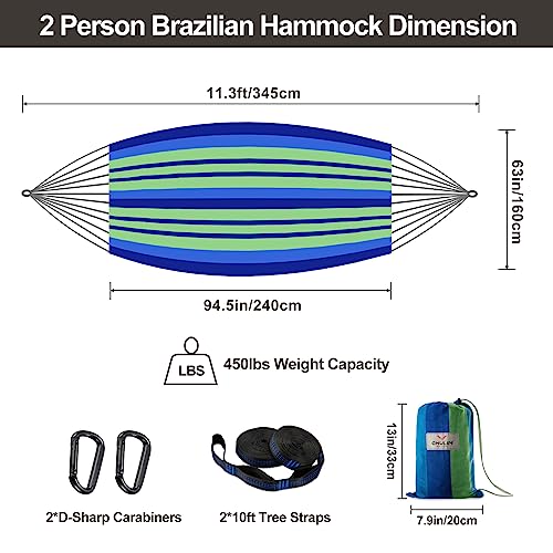 CHULIM Brazilian Double Hammock with Tree Straps,Extra Large 240x160cm,2 Persons Hammock for Backyard Patio Outdoor and Indoor,450lbs Weight Capacity,Soft Woven Cotton Fabric - color: Blue Green Stripe
