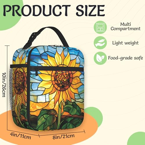 Sunflower Reusable Lunch Bag,Retro Flower Insulated Lunch Box with Side Pockets for Girls Boys Women Portable Thermal Cooler Bag for Teens School,Work,Picnic,Beach - color: Sunflower